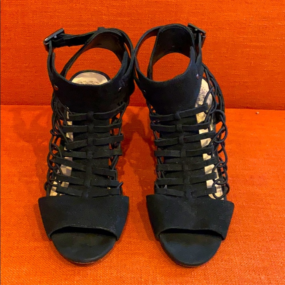 Black leather wedges